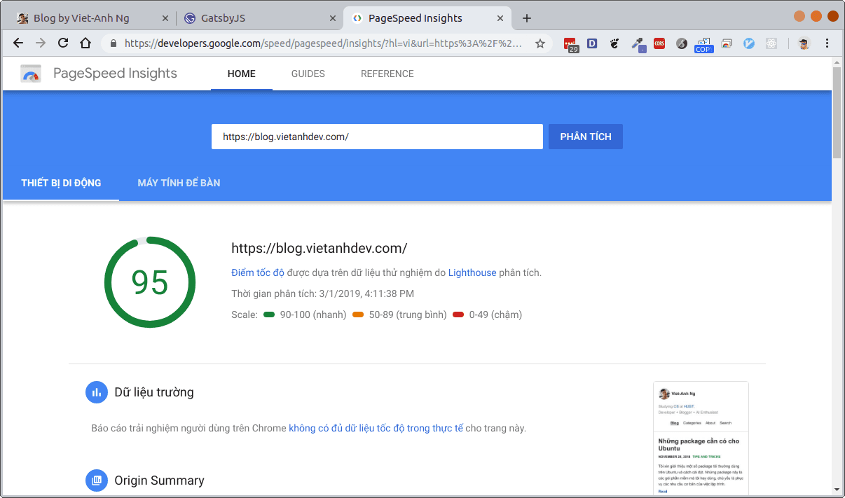 Kết quả Google PageSpeed Insights Mobile