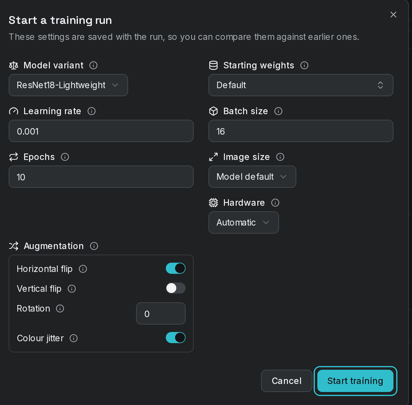 The training dialog, with Hardware set to Automatic