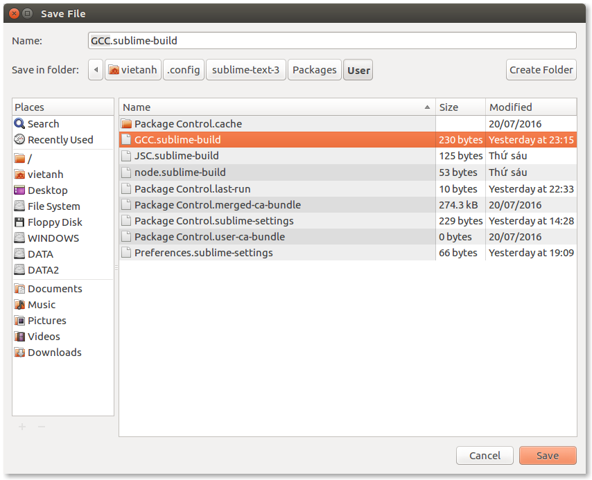 Lưu build file C trong Sublime Text 3