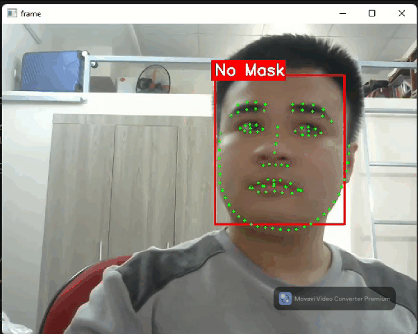 Real-time face detection with 68 landmark dots and mask/no-mask labels