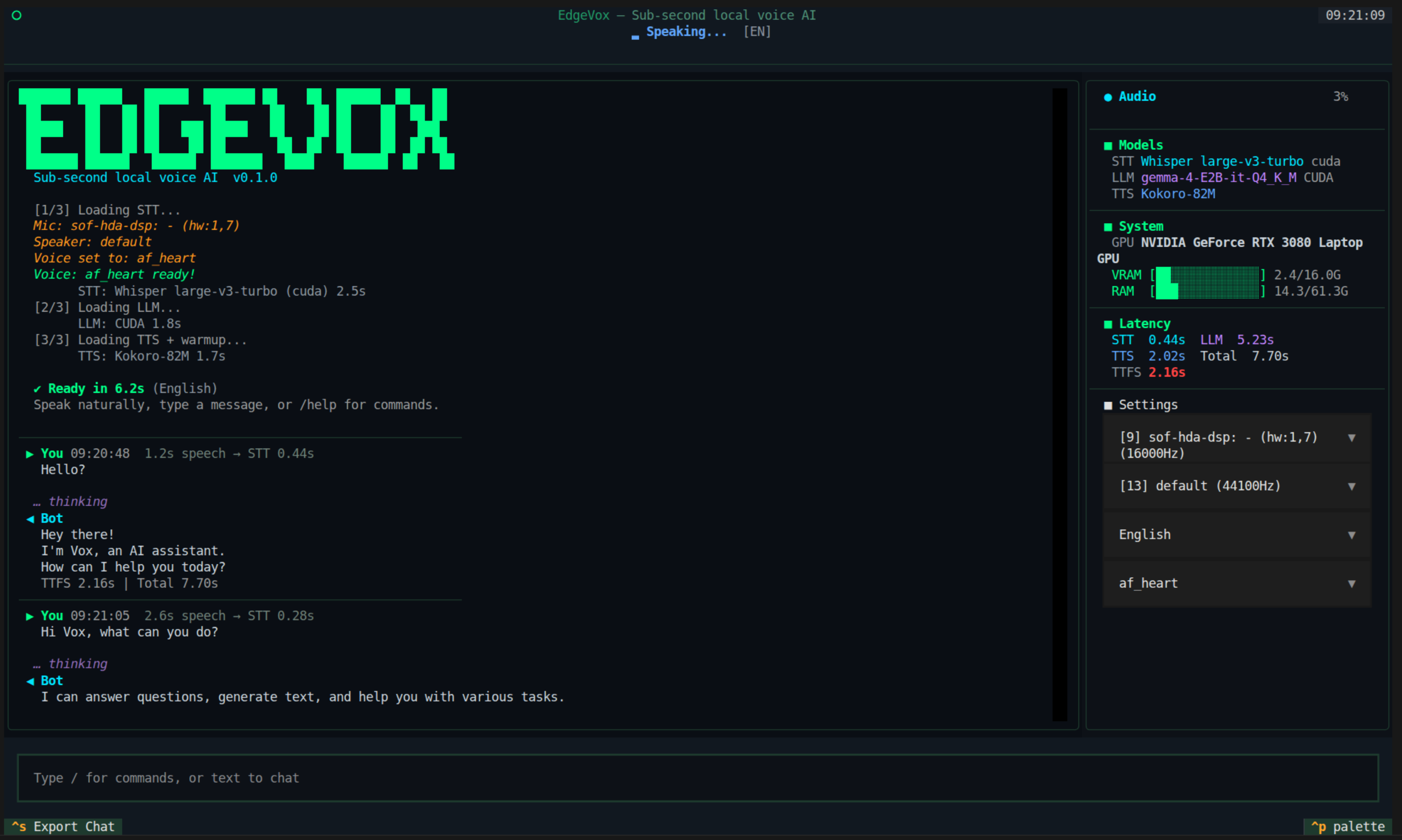 EdgeVox — an offline voice agent that chains speech-to-text, a local LLM, and text-to-speech on one device.