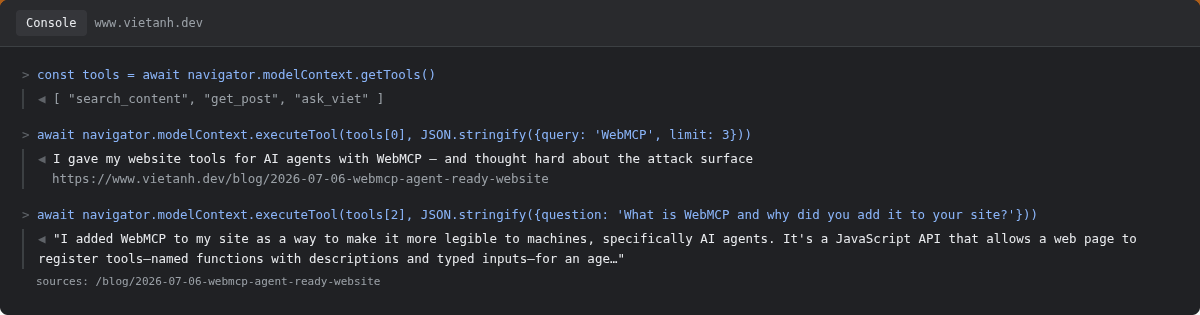 Browser console with WebMCPTesting enabled showing navigator.modelContext.getTools() listing the three registered tools, then navigator.modelContext.executeTool() calling search_content and ask_viet directly, with real results from the live site