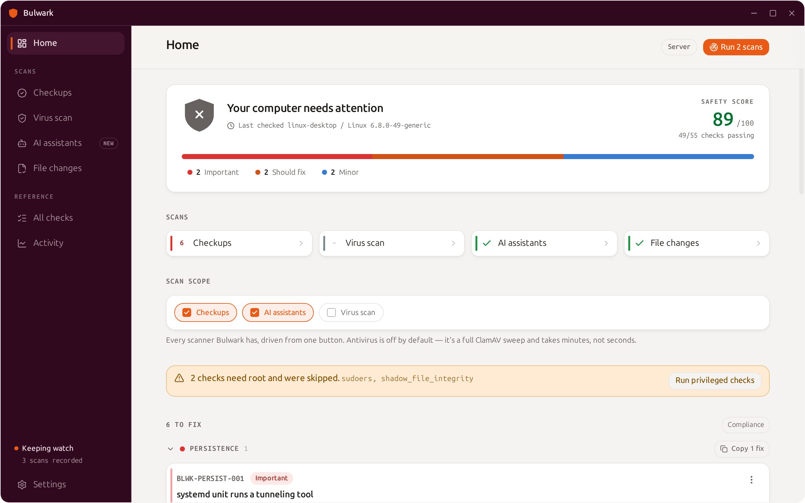 The Bulwark desktop app showing a safety score, a severity breakdown, and a list of security findings with plain-language explanations